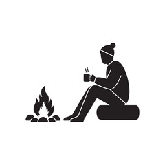 Camper Sitting by Campfire Silhouette Design