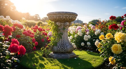 Elegant garden sundial amidst vibrant roses, bathed in warm sunlight