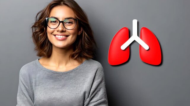 Smiling woman in glasses promotes lung health awareness and respiratory wellness through engaging visuals