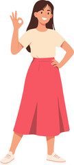 Minimalist Flat Illustration Brunette Woman Making Okay Gesture in Casual Clothes