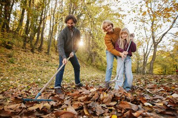 A family spends time outdoors during the autumn weekend, laughing and raking leaves together in a beautiful forest filled with fall colors.