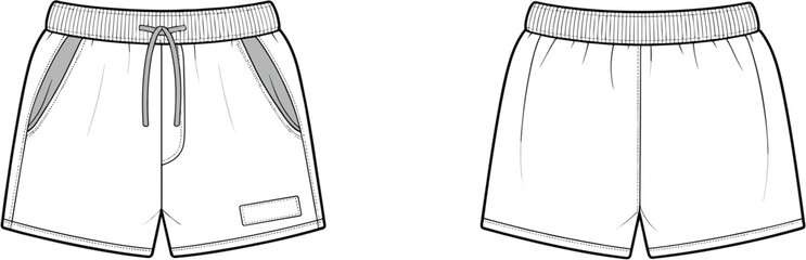 Flat sketch of casual shorts front and back view with elastic waistband, drawstring, side pockets, patch detail, vector illustration