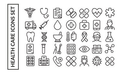 Health Care and Medical Line Icons Set. Emergency and Wellness Outline Symbols Collection.