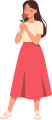 Simple Flat Style Girl Smelling Rose with Eyes Closed Character Illustration