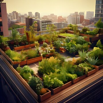 Lush Rooftop Garden Oasis in Urban Cityscape.