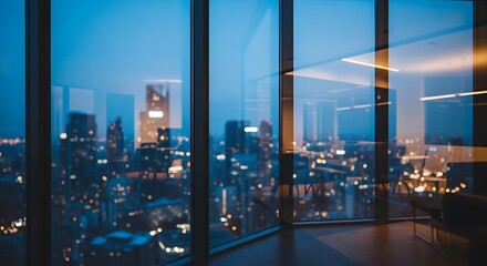 Naklejka na ściany i meble Modern office overlooks stunning city skyline at night, bright lights glow