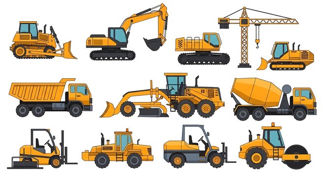 Construction Vehicles Set - Bulldozer, Excavator, Truck, Crane, and More. - Powered by Adobe