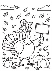 Outline cartoon pilgrim turkey holds a blank sign amid falling leaves near pumpkins, a coloring page