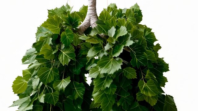 Creative art display features tree-like structure made of fresh green leaves in a bright setting with attention to detail and textures