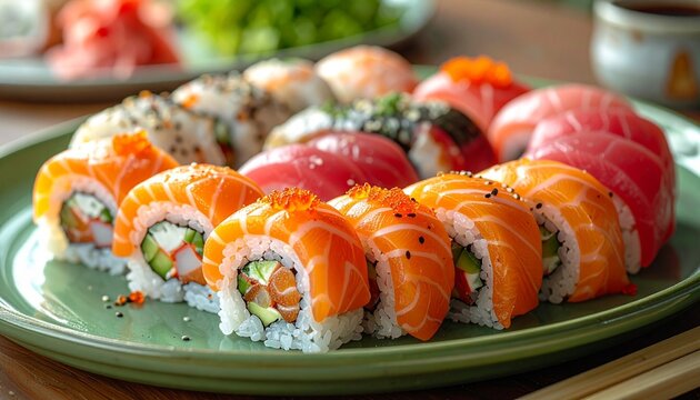 A green ceramic plate with assorted sushi rolls, chopsticks, and wasabi—evoking precision, ritual, freshness, and the choreography of cultural identity, texture, and curated nourishment.
