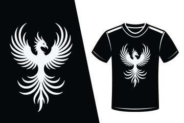 White phoenix bird graphic on black and white t-shirt mockup mythical creature