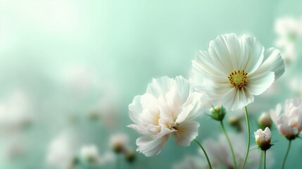 Fototapeta premium Elegant white cosmos flowers blooming in a soft, dreamy garden setting