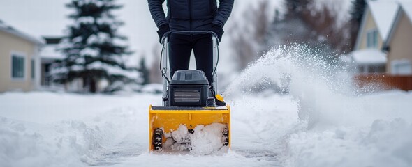 Person using a snowblower to clear a sidewalk in winter