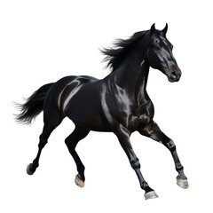 Obraz premium A majestic black horse galloping gracefully across a bright white background. its powerful physique and flowing mane. ideal for equestrian-themed projects and advertisements