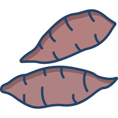 Two Sweet Potatoes with Blue Outline and Dark Shadows Isolated on White Background Simple Illustration