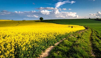 Vibrant Canola Field Under a Blue Sky - A Landscape of Yellow and Green.