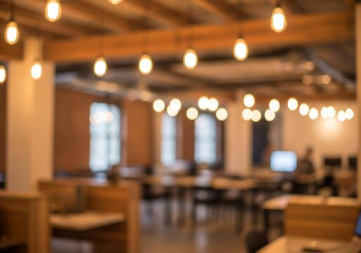 Warm, inviting modern office space with ambient lighting and wooden accents - Powered by Adobe