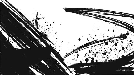 Abstract black ink brush strokes and splatters on