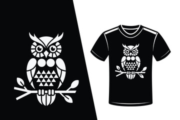 White stylized owl on branch on black and white t-shirt mockup bird animal