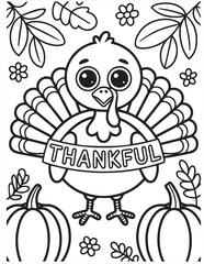 Smiling cartoon turkey holding a banner with the word thankful is framed by plants,page, kids, coloring page, book, printable, easy, coloring, pages