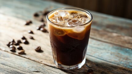 Iced cold brew coffee in clear glass with ice cubes on rustic wooden surface with scattered coffee beans, creating refreshing and inviting beverage scene