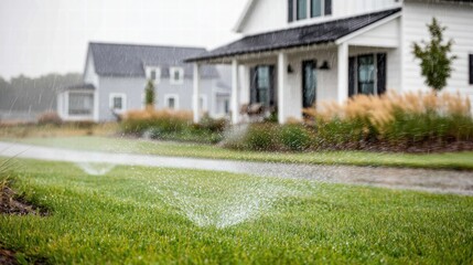 Rainy day scene of a house with a sprinkler watering the lawn