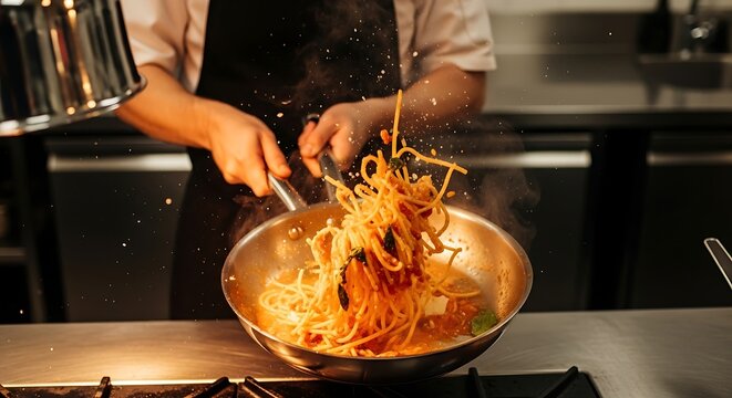 Chef Tossing Pasta in a Pan with Flair.