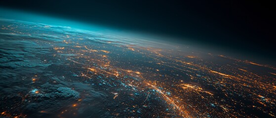 Earth from space at night shows glowing city lights and atmospheric glow with thin cyan terminator line, creating sparkling and vibrant macro view of planet surface