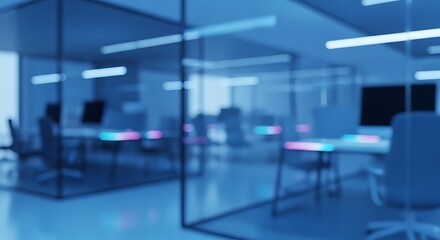 Modern office interior with glass partitions and neon desk lights