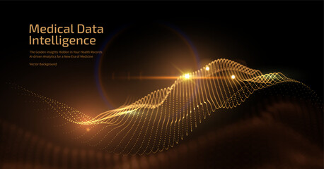 Futuristic medical intelligence background with glowing gold data particles. Concept for AI in healthcare, diagnostic data analysis, and pharmaceutical research. Usable for corporate presentations 
