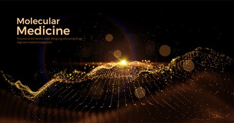 Golden data particles flow medical tech background, symbolizing AI-powered diagnostics, genetic research, neural networks. Scientific presentations, biotech websites, and innovation reports background