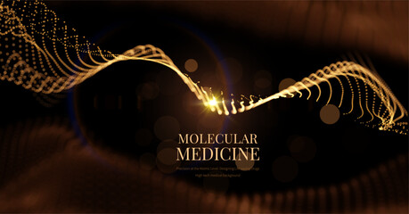 Futuristic medical intelligence background with glowing gold data particles. Concept for AI in healthcare, diagnostic data analysis, and pharmaceutical research. Usable for corporate presentations 
