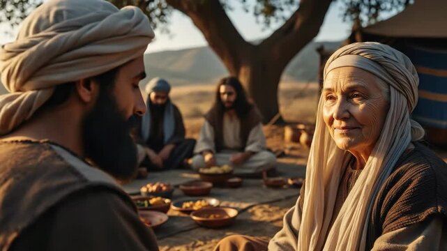 Woman and men depicting biblical hospitality, sharing a meal outdoors in ancient eastern tradition under a tree at sunset.