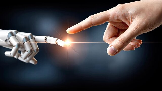 Human hand connects with robotic hand in a moment of technological harmony during digital interaction
