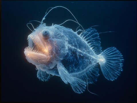 Baudroie femelle dans l'ab&icirc;me noir, son leurre bioluminescent