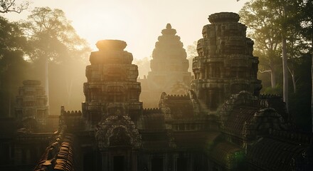 Obraz premium Ancient Angkor Thom temple towers at sunrise, Siem Reap, Cambodia.