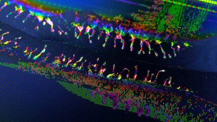 A detailed image showcasing the vibrant pixel distortion patterns on a broken television screen.