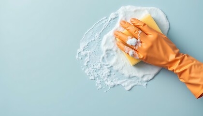Hand in orange glove scrubbing with sponge and foam on blue surface cleaning rubber