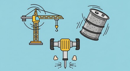 Construction site cartoon illustration with industrial machinery elements