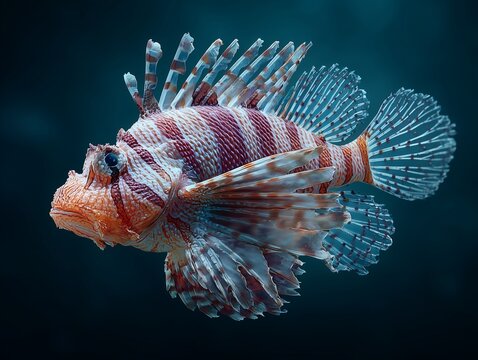 Plan saisissant et isol&eacute; d'un poisson-lion venimeux d&eacute;ploy&eacute; contre un r&eacute;cif sombre en eau profonde