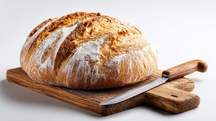 Freshly baked artisan sourdough bread loaf with crispy golden crust dusted with flour on wooden cutting board with knife for bakery and homemade baking concept
