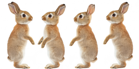 A series of four adorable rabbits standing upright. their soft fur and expressive faces. set against a clean white background. ideal for educational or nature-themed projects