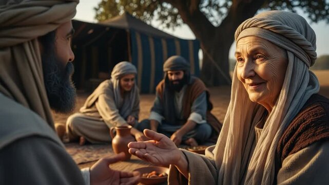 Old testament scene with woman and men sitting on ground, eating meal outdoors. Abraham and Sarah hospitality concept.