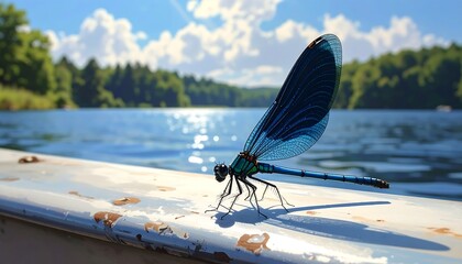 A vibrant blue dragonfly perches on a weathered surface overlooking a serene lake and lush green trees under a bright sky