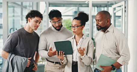 Office, team and people with tablet, discussion and review ad results on website, online and...