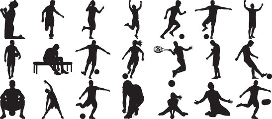 Hand made Silhouette vector set of people in various sports activities including soccer tennis and weightlifting for athletic and fitness design