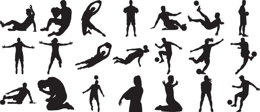 Hand made Set of soccer player silhouettes vector illustrations of diverse football actions By Adobe Illustrator