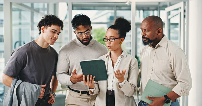Office, team and people with tablet, discussion and review ad results on website, online and meeting. Business, collaboration and colleagues with tech for campaign, research and digital marketing