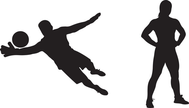 Hand made Silhouette of a goalkeeper diving to catch a soccer ball with a female athlete standing vector illustration for sports and fitness con