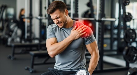 Fototapeta premium young man exercising with dumbbells in the gym room whit muscle pain muscle soreness.